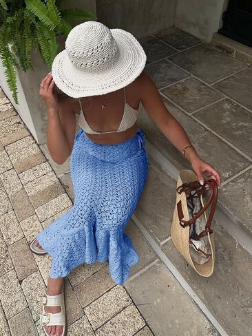 Saodimallsu Womens Crochet Cover Up Skirt High Waisted Sheer Knit Summer Swimsuit Coverup Beach Fishtail Maxi Skirts in Saudi Arabia