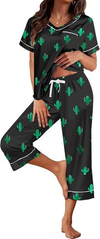 Remidoo Women's Short Sleeve V Neck Shirt with Capri Pants Lounge Set Silk Pj Set in Saudi Arabia