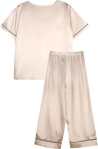 Remidoo Women's Short Sleeve V Neck Shirt with Capri Pants Lounge Set Silk Pj Set in Saudi Arabia