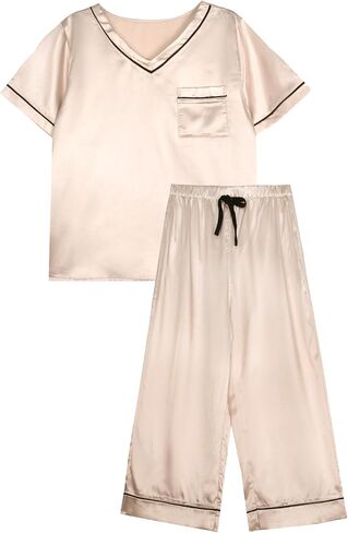Remidoo Women's Short Sleeve V Neck Shirt with Capri Pants Lounge Set Silk Pj Set in Saudi Arabia