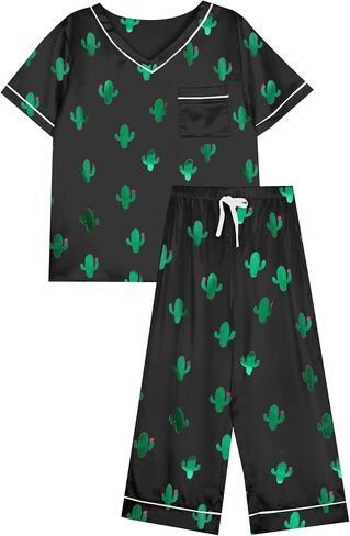 Remidoo Women's Short Sleeve V Neck Shirt with Capri Pants Lounge Set Silk Pj Set in Saudi Arabia