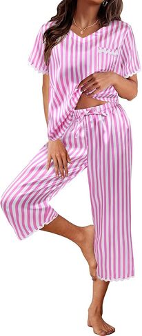 Remidoo Women's Short Sleeve V Neck Shirt with Capri Pants Lounge Set Silk Pj Set in Saudi Arabia