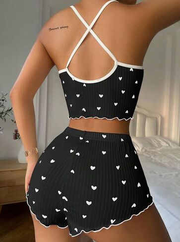 Hilinker Womens Graphic Pajama Set Summer Cute Crop Cami and Shorts Ribbed 2 Piece Lounge Sets in Saudi Arabia