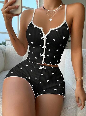 Hilinker Womens Graphic Pajama Set Summer Cute Crop Cami and Shorts Ribbed 2 Piece Lounge Sets in Saudi Arabia