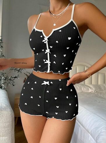 Hilinker Womens Graphic Pajama Set Summer Cute Crop Cami and Shorts Ribbed 2 Piece Lounge Sets in Saudi Arabia