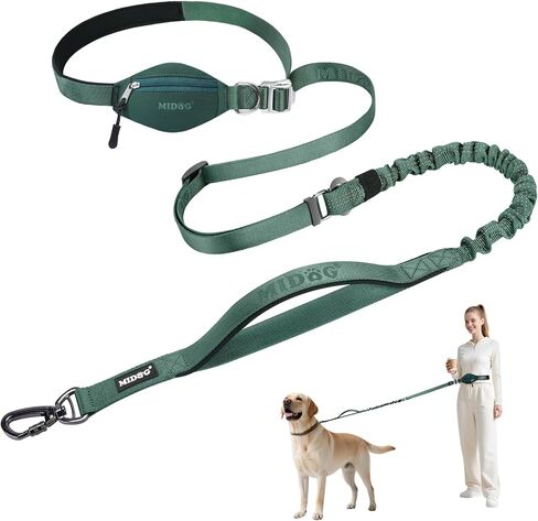 MIDOG Multifunctional Dog Leash Hands Free for Large Dogs - Adjustable Waist Leash with Zipper Pounch& Bungee Cord for Jogging/Running/Walking(4-7FT,Green) in Saudi Arabia