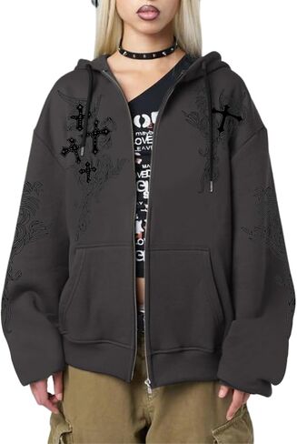 قوطية zip up hoodie women grunge cross graphic jacket y2k heathetic zipper hoodies vintage harajuku sweatshirt spinshirt in Kuwait