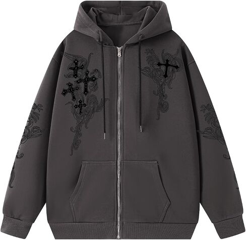 قوطية zip up hoodie women grunge cross graphic jacket y2k heathetic zipper hoodies vintage harajuku sweatshirt spinshirt in Kuwait