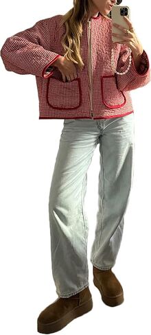 SOLILOQUY Women's Cropped Quilted Jacket Long Sleeve Zip Up Gingham Printed LightWeight Puffer Coat Cardigan in Kuwait