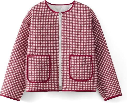 SOLILOQUY Women's Cropped Quilted Jacket Long Sleeve Zip Up Gingham Printed LightWeight Puffer Coat Cardigan in Kuwait