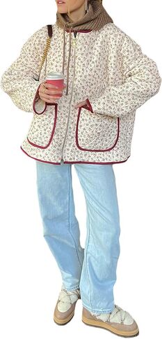 SOLILOQUY Women's Cropped Quilted Jacket Long Sleeve Zip Up Gingham Printed LightWeight Puffer Coat Cardigan in Saudi Arabia