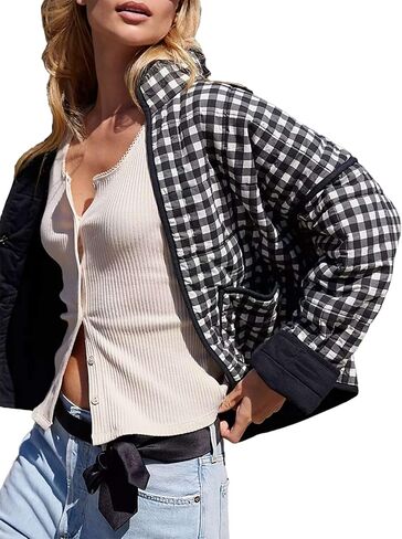 Zontroldy Women's Vintage Plaid Floral Print Cropped Puffer Quilted Jacket Lightweight Diamond Padded Coats in Saudi Arabia