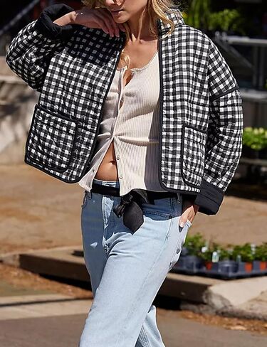 Zontroldy Women's Vintage Plaid Floral Print Cropped Puffer Quilted Jacket Lightweight Diamond Padded Coats in Saudi Arabia