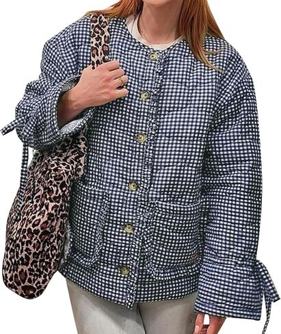 YKR Women's Quilted Lightweight Jackets Cropped Floral Print Plaid Bow Puffer Jacket Reversible Padded Coat in Kuwait