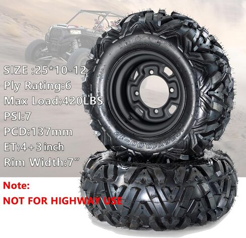 2 PCS 25x8-12 ATV إطارات ، إطارات UTV 6PR مع حافة 12 "حافة العجلات 4 ، كل موسم 12" RIM 25x8-12 جميع الإطارات من طراز ATV UTV Trail Trail Off-Road Mud Terrain-PCD: 110 * 4 in Kuwait