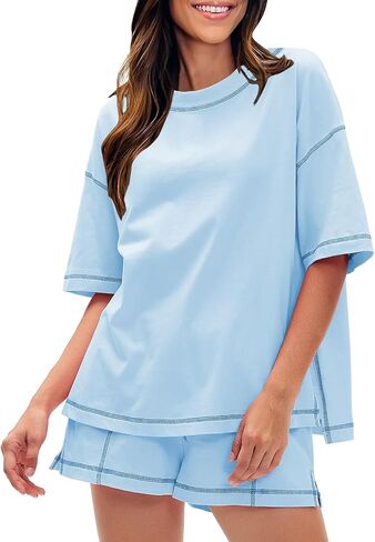Exlura Women's Summer Summer 2 قطعة مجموعات القطن القصير 100 ٪ Tshirt و Shorts مطابقة Lounge Lounge 2025 in Saudi Arabia