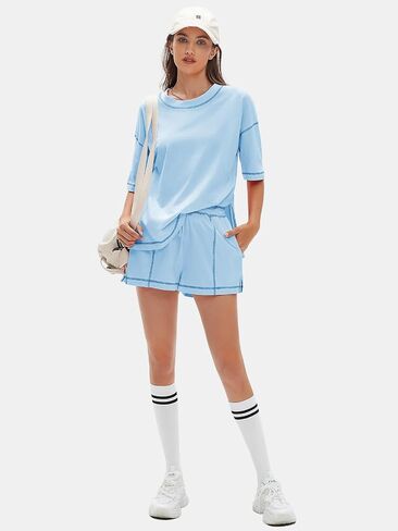 Exlura Women's Summer Summer 2 قطعة مجموعات القطن القصير 100 ٪ Tshirt و Shorts مطابقة Lounge Lounge 2025 in Saudi Arabia