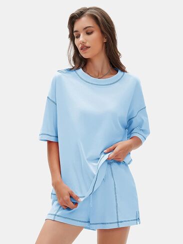 Exlura Women's Summer Summer 2 قطعة مجموعات القطن القصير 100 ٪ Tshirt و Shorts مطابقة Lounge Lounge 2025 in Saudi Arabia