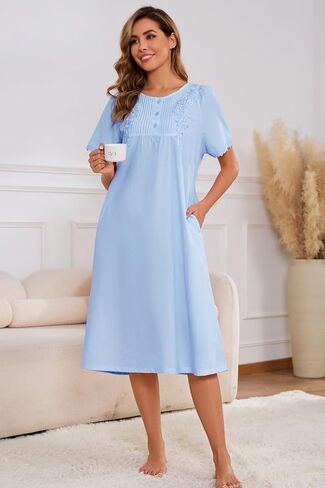 AVIIER 100% Cotton Nightgowns for Women Short Sleeve Night Gown with Pockets in Kuwait