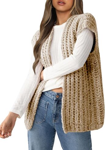 Womens Chunky Knit Sweater Vest Spring Casual Cap Sleeve Open Front Cardigan Sweater Tops in Kuwait