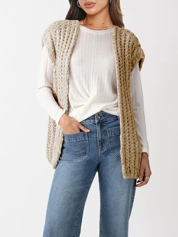 Womens Chunky Knit Sweater Vest Spring Casual Cap Sleeve Open Front Cardigan Sweater Tops in Kuwait