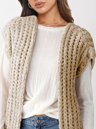 Womens Chunky Knit Sweater Vest Spring Casual Cap Sleeve Open Front Cardigan Sweater Tops in Kuwait