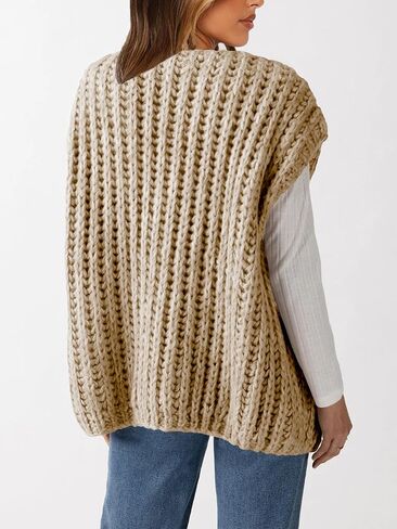 Womens Chunky Knit Sweater Vest Spring Casual Cap Sleeve Open Front Cardigan Sweater Tops in Kuwait