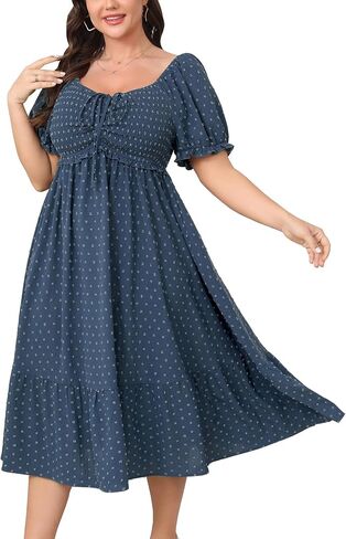 SCOMCHIC Women Plus Size Summer Dress Puff Short Sleeve Smocked Drawstring Ruffle Boho Swiss Dot Casual Midi Dresses in Saudi Arabia