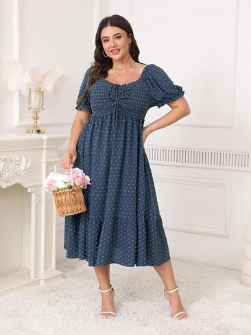 SCOMCHIC Women Plus Size Summer Dress Puff Short Sleeve Smocked Drawstring Ruffle Boho Swiss Dot Casual Midi Dresses in Saudi Arabia