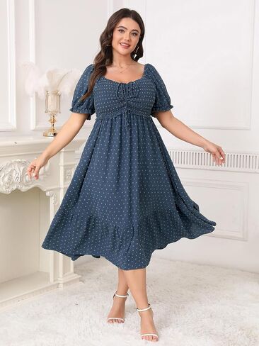 SCOMCHIC Women Plus Size Summer Dress Puff Short Sleeve Smocked Drawstring Ruffle Boho Swiss Dot Casual Midi Dresses in Saudi Arabia