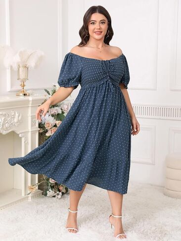 SCOMCHIC Women Plus Size Summer Dress Puff Short Sleeve Smocked Drawstring Ruffle Boho Swiss Dot Casual Midi Dresses in Saudi Arabia
