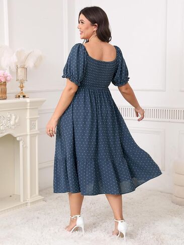 SCOMCHIC Women Plus Size Summer Dress Puff Short Sleeve Smocked Drawstring Ruffle Boho Swiss Dot Casual Midi Dresses in Saudi Arabia