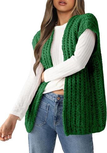 Womens Chunky Knit Sweater Vest Spring Casual Cap Sleeve Open Front Cardigan Sweater Tops in Kuwait