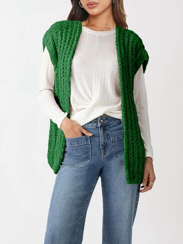 Womens Chunky Knit Sweater Vest Spring Casual Cap Sleeve Open Front Cardigan Sweater Tops in Kuwait