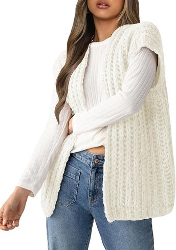 Womens Chunky Knit Sweater Vest Spring Casual Cap Sleeve Open Front Cardigan Sweater Tops in Kuwait