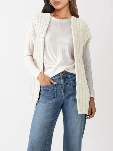 Womens Chunky Knit Sweater Vest Spring Casual Cap Sleeve Open Front Cardigan Sweater Tops in Kuwait