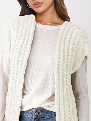 Womens Chunky Knit Sweater Vest Spring Casual Cap Sleeve Open Front Cardigan Sweater Tops in Kuwait