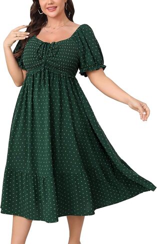 SCOMCHIC Women Plus Size Summer Dress Puff Short Sleeve Smocked Drawstring Ruffle Boho Swiss Dot Casual Midi Dresses in Saudi Arabia