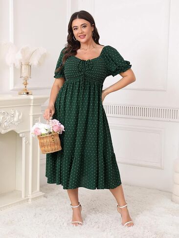 SCOMCHIC Women Plus Size Summer Dress Puff Short Sleeve Smocked Drawstring Ruffle Boho Swiss Dot Casual Midi Dresses in Saudi Arabia