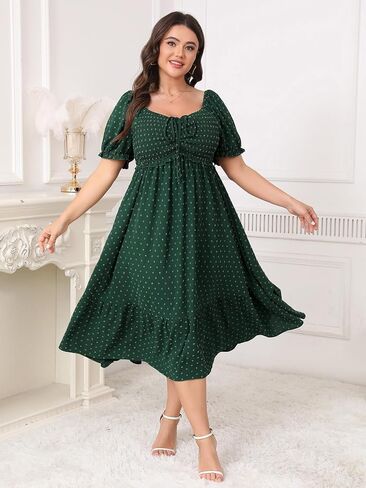 SCOMCHIC Women Plus Size Summer Dress Puff Short Sleeve Smocked Drawstring Ruffle Boho Swiss Dot Casual Midi Dresses in Saudi Arabia