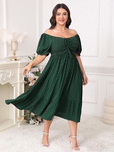 SCOMCHIC Women Plus Size Summer Dress Puff Short Sleeve Smocked Drawstring Ruffle Boho Swiss Dot Casual Midi Dresses in Saudi Arabia