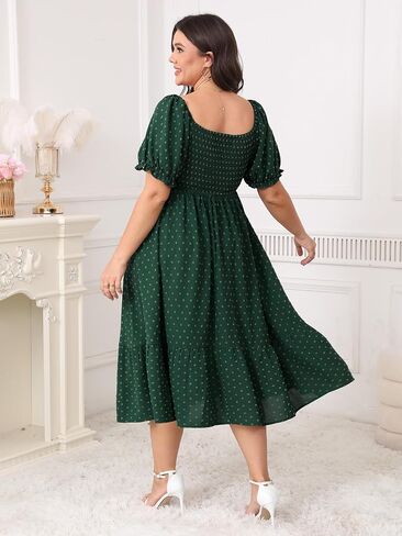 SCOMCHIC Women Plus Size Summer Dress Puff Short Sleeve Smocked Drawstring Ruffle Boho Swiss Dot Casual Midi Dresses in Saudi Arabia