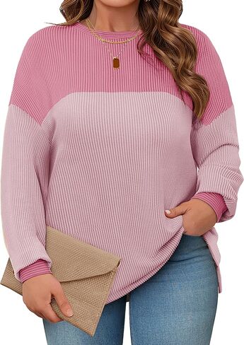 Womens Plus Size Sweatshirt Color Block Side Split Long Sleeve Crewneck Casual Loose Pullover Shirt Top in Saudi Arabia