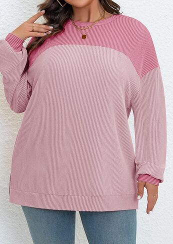 Womens Plus Size Sweatshirt Color Block Side Split Long Sleeve Crewneck Casual Loose Pullover Shirt Top in Saudi Arabia