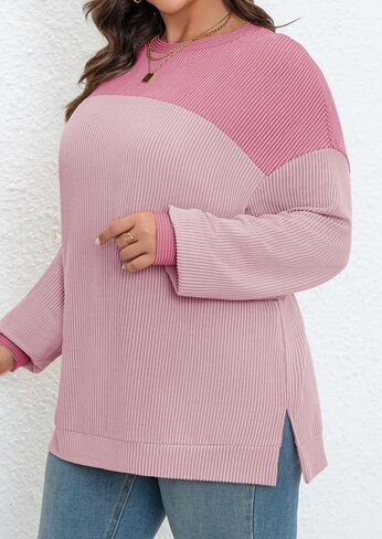 Womens Plus Size Sweatshirt Color Block Side Split Long Sleeve Crewneck Casual Loose Pullover Shirt Top in Saudi Arabia