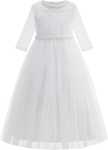 Flower Girl Dress Vintage Floral Lace 3/4 Sleeves Wedding Formal Dress Pageant Birthday Party Tulle Pearls Ball Gowns in Saudi Arabia