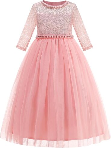 Flower Girl Dress Vintage Floral Lace 3/4 Sleeves Wedding Formal Dress Pageant Birthday Party Tulle Pearls Ball Gowns in Saudi Arabia