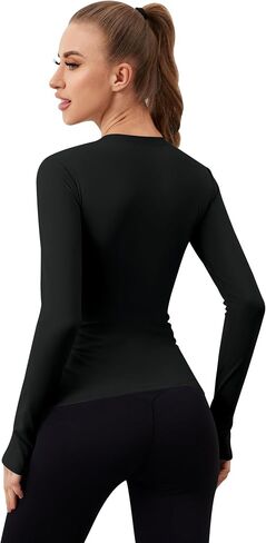 Loovoo Womens Freece Fleece تصطف على تمرين القمصان الرياضية الانضغاطات Tee Long Sleeve Yoga Gym Tops Basic in Kuwait