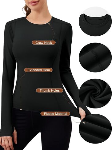 Loovoo Womens Freece Fleece تصطف على تمرين القمصان الرياضية الانضغاطات Tee Long Sleeve Yoga Gym Tops Basic in Kuwait