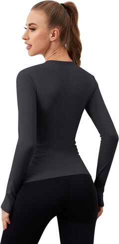 Loovoo Womens Freece Fleece تصطف على تمرين القمصان الرياضية الانضغاطات Tee Long Sleeve Yoga Gym Tops Basic in Kuwait